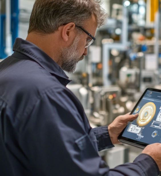 Engineer monitoring industrial machinery with digital tablet in factory setting